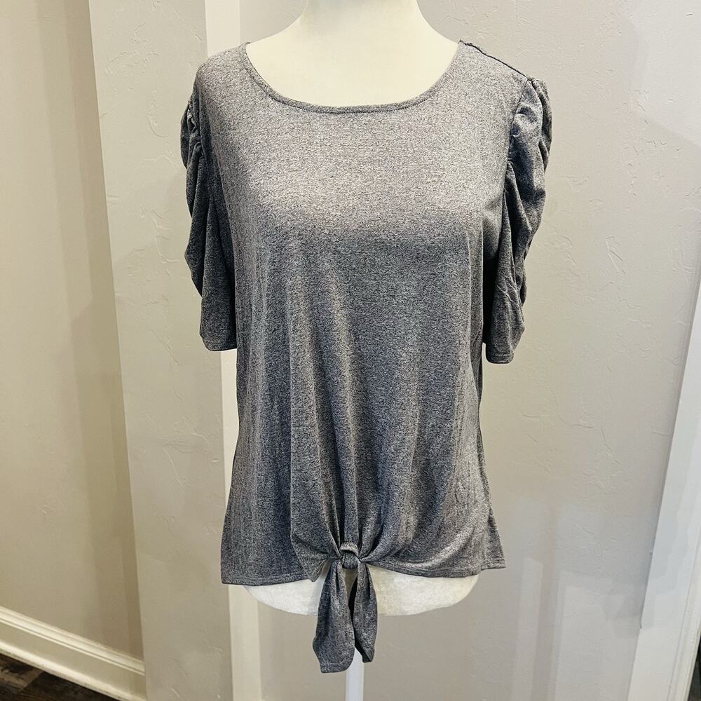 Fortune & Ivy Women’s Short Sleeve Costa Knit Front Tie Gray Large (A0125) NWT